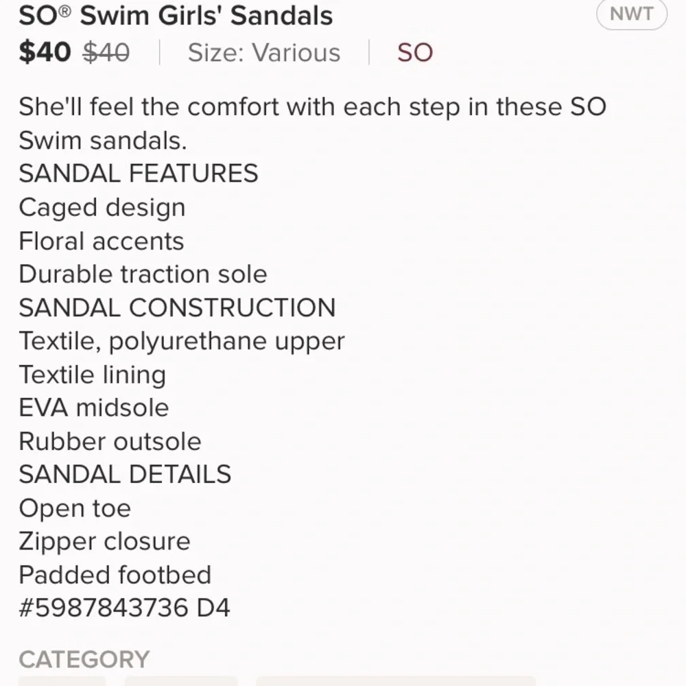 SO Swim‎ Girls' Sandals